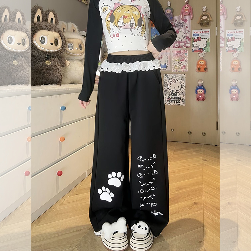 Casual Lace Patchwork Sweatpants for Women, New Summer Style, Japanese Design, Cute Print, Wide-Leg Long Pants