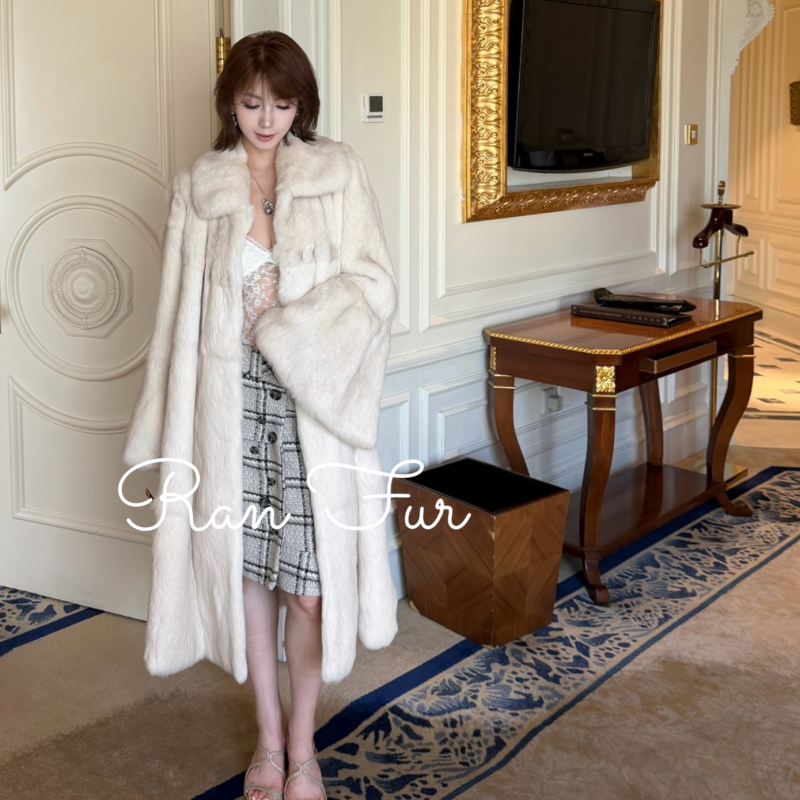 2026 Autumn/Winter New Angora Long-Haired Rabbit Fur Cloudy Elegant Flared Sleeve Long Fur Coat for Women