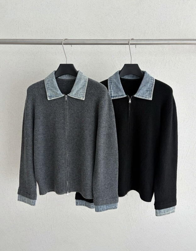 Jianhan Autumn Husband-Style Lapel Double Zipper Color-Block Denim Patchwork Sweater Knitted Cardigan Long Sleeve Jacket Jianhan Autumn Husband-Style Lapel Double Zipper Color-Block Denim Patchwork Sweater Knitted Cardigan Long Sleeve Jacket