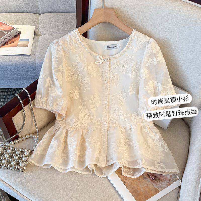 Puning Style Short-Sleeved Shirt for Women, Summer, Very Pretty, Plus Size, Age-Reducing Lace Chiffon Babydoll Top