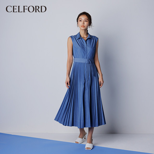 CELFORD ພາກຮຽນ spring ແລະ summer ເສື້ອ elegant collar pleated waist dress CWFO212032