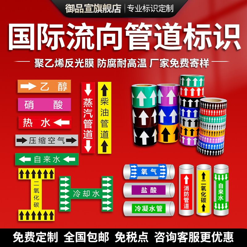 Pipeline logo sticker reflective film firefighting chemical flow medium industrial pipeline arrow signage tap water backwater compressed air vapor gas label sticker pipeline warning sign