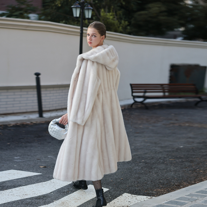 Elegant Hooded Mink Fur Long Thick Coat, Velvet White, Waist-Cinching, Slimming, Eco-Friendly Fur Integrated Coat