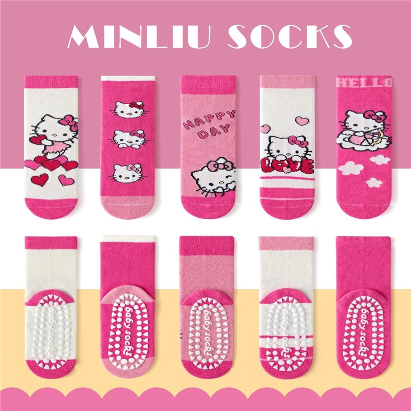 5 Pairs of Hello Kitty Adhesive Socks, Floor Non-Slip Socks, Kt Mid-Calf Socks for Little Girls, Breathable and Not Stuffy, Cute 5 Pairs of Hello Kitty Adhesive Socks, Floor Non-Slip Socks, Kt Mid-Calf Socks for Little Girls, Breathable and Not Stuffy, Cute