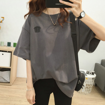 Loose large size round neck short sleeve T-shirt female Korean version of Joker thin embroidery BF wind cotton student body shirt top
