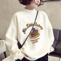Sweater women 2020 winter New plus velvet thickened loose Korean half high collar lazy wind pullover White top tide tide