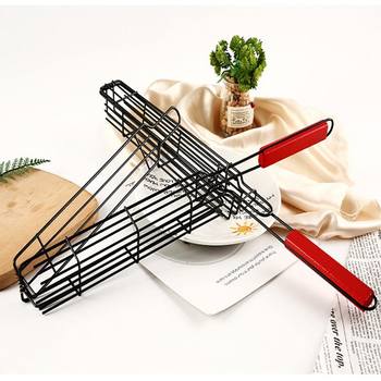 Bbq stainless steel barbecue clamp wooden handle outdoor household outdoor barbecue net barbecue equipment