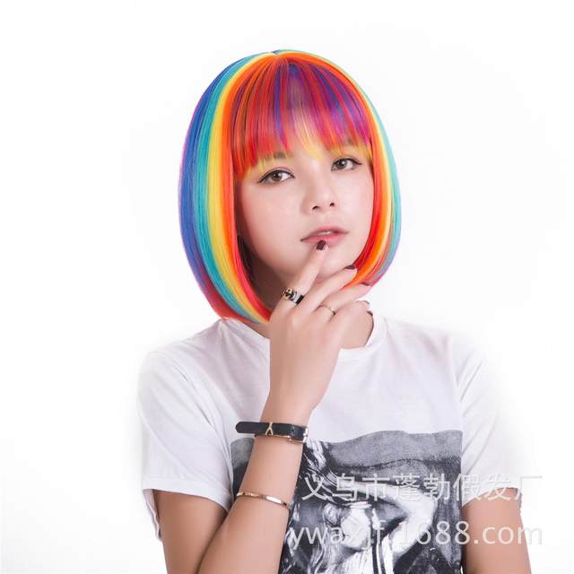 ຜູ້ຜະລິດ rainbow bob wig ສີຜົມສັ້ນທີ່ມີສີສັນເອີຣົບແລະອາເມລິກາຮ້ອນການຄ້າຕ່າງປະເທດ hair cosplay customization