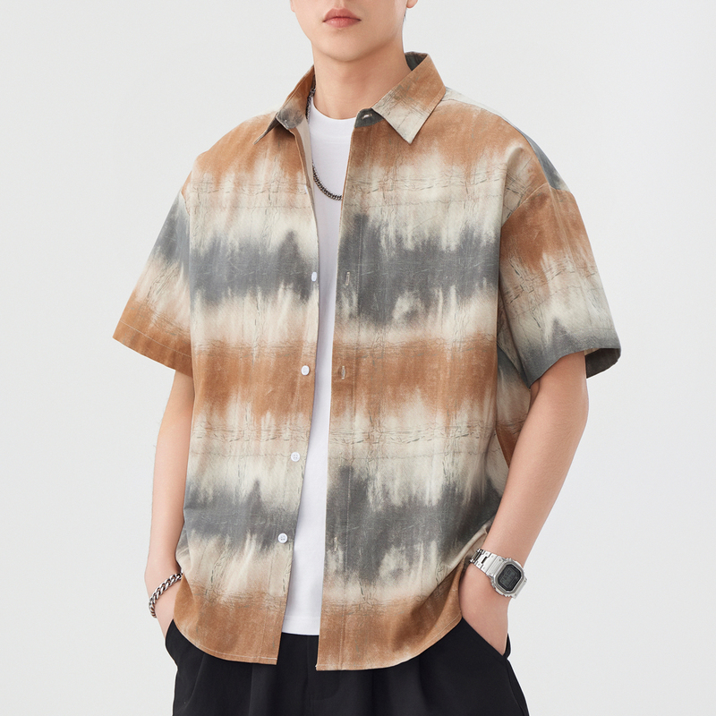 Summer Men's Short-Sleeved Pure Cotton Shirt with Unique Personality, Super Stylish, Tie-Dye Color-Blocking Design, Niche Shirt Summer Men's Short-Sleeved Pure Cotton Shirt with Unique Personality, Super Stylish, Tie-Dye Color-Blocking Design, Niche Shirt