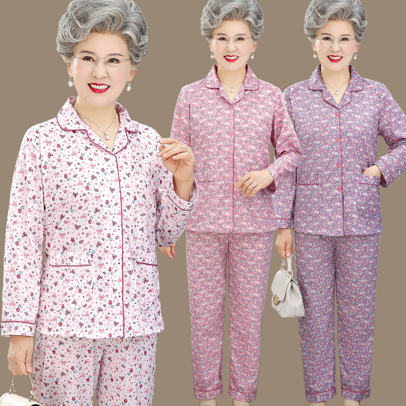 Grandma's Spring and Autumn Long-Sleeved Cardigan Loose Pajamas for Middle-Aged and Elderly Women, Mom's Summer Casual Home Wear for Elderly Ladies