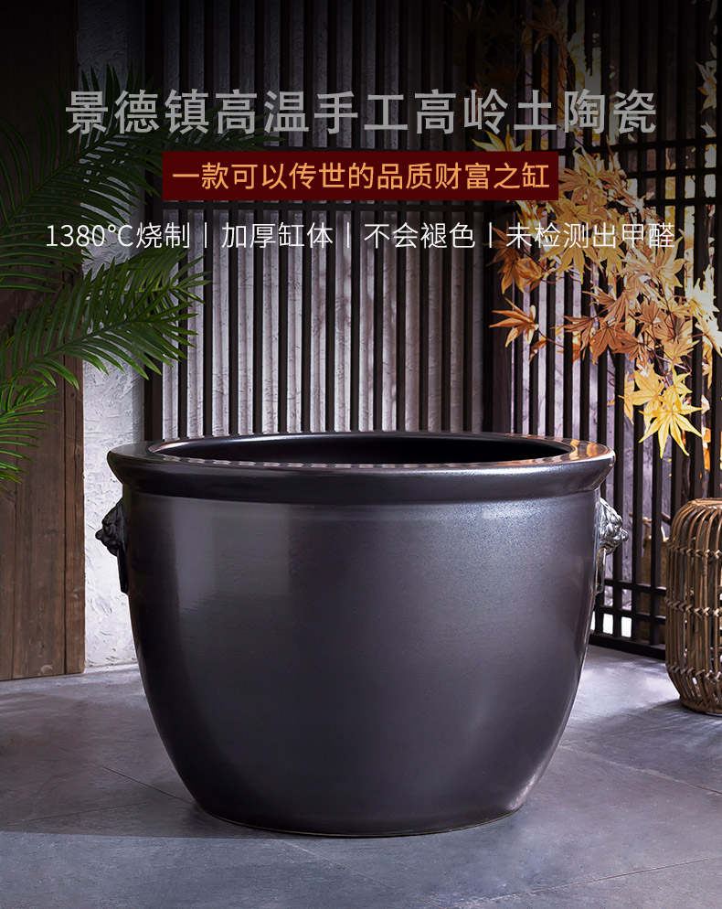 Retro black thick clay ceramic flower pot oversized cylinder circular altar water tanks of large diameter green plant plant trees and flowers POTS courtyard