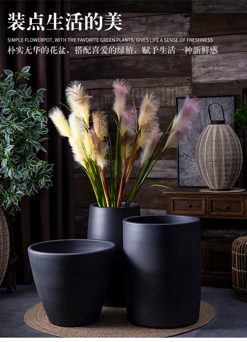 Green plant in northern black ceramic vase flowerpot I and contracted indoor plant decoration cylinder hydroponic POTS of large diameter