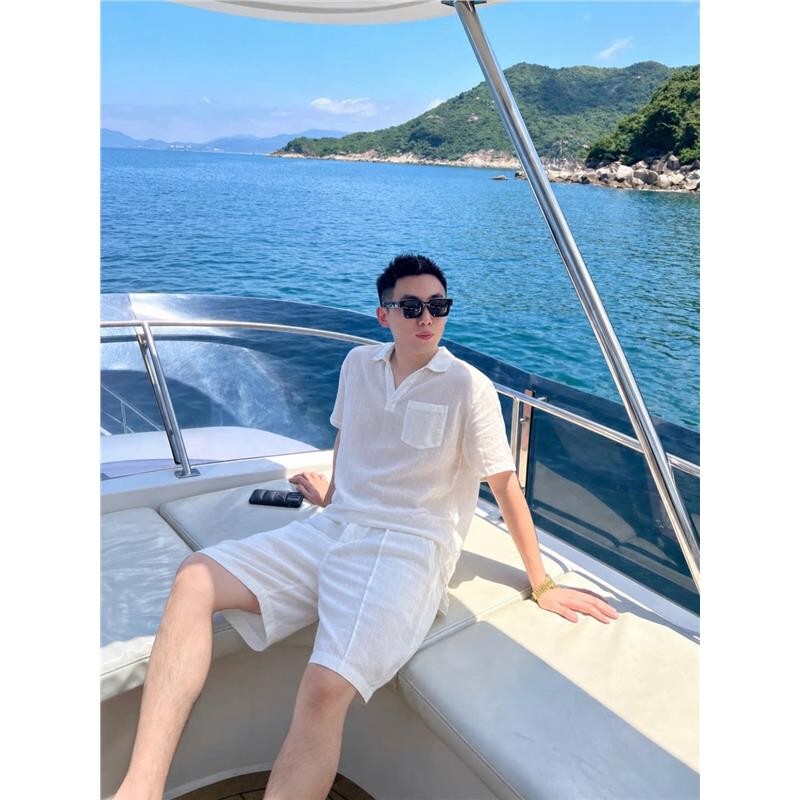 Light Luxury Boutique! Old Money Style Linen Casual Sports Suit for Men, Summer Thin Lapel Short-Sleeve T-Shirt Two-Piece Set