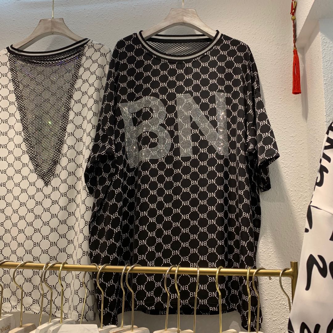 BN Letter BlackEuropean station Short sleeve 2021 new pattern Big edition easy heavy industry Hot drilling Sense of design T-shirt female summer European goods tide Body