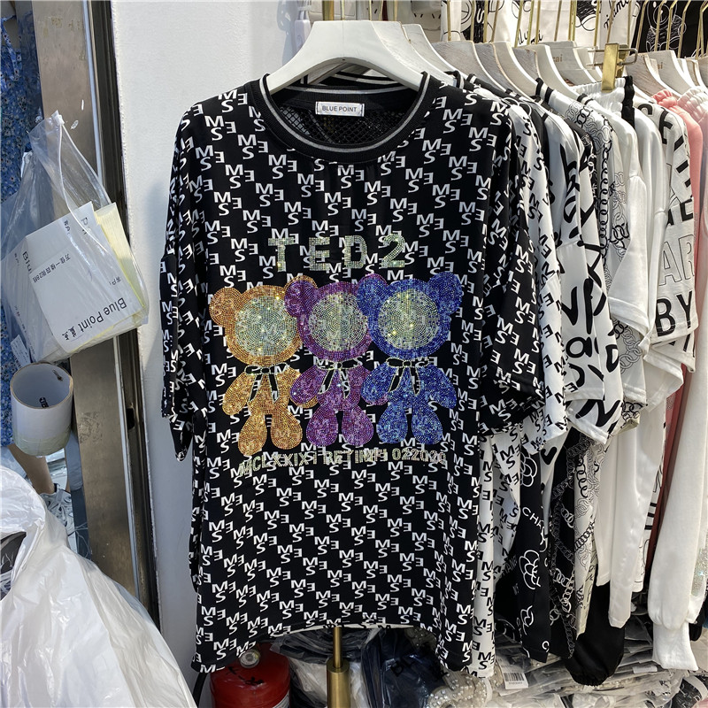Black 3 DollsEuropean station Short sleeve 2021 new pattern Big edition easy heavy industry Hot drilling Sense of design T-shirt female summer European goods tide Body