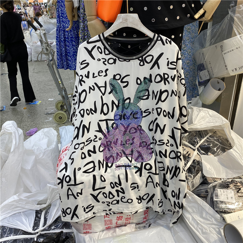 White RabbitEuropean station Short sleeve 2021 new pattern Big edition easy heavy industry Hot drilling Sense of design T-shirt female summer European goods tide Body