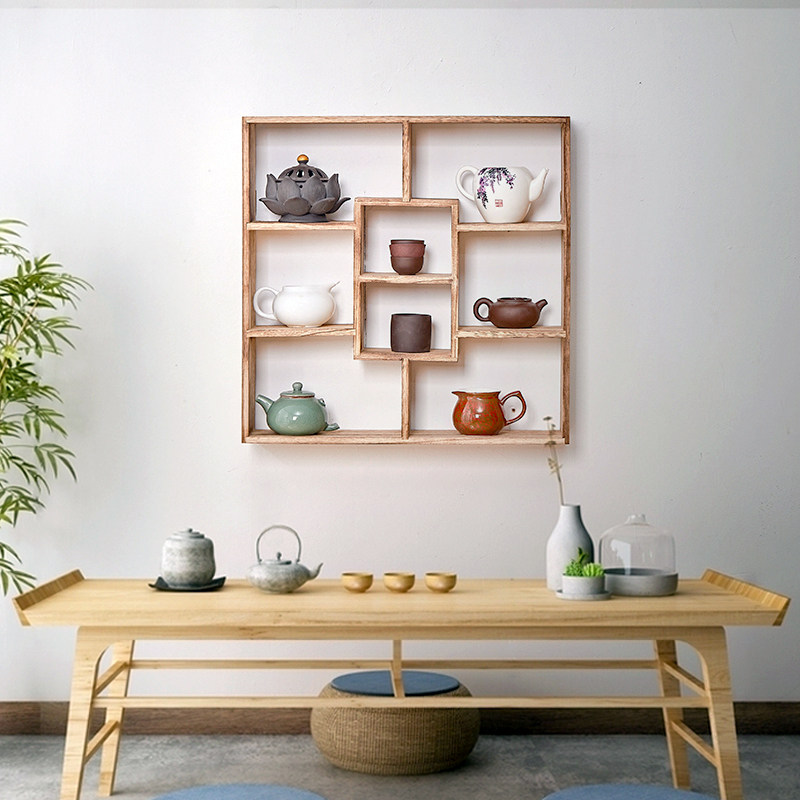 Solid wood hanging wall Bogu rack tea cup rack teapot rack Duobaoge tea set rack Chinese style rack ornament display rack