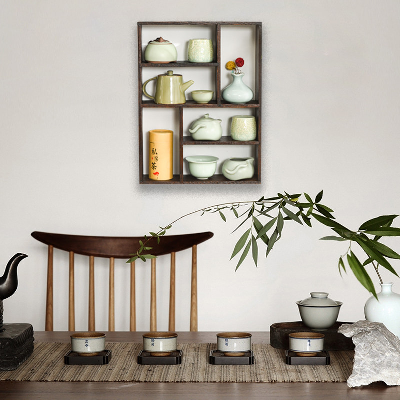 Solid wood wall shelve wall Wall-mounted Wall Tea Daupai Tea Tea Tea Cup Tea Cup Ware Storage shelf Multi-layer checkered shelf