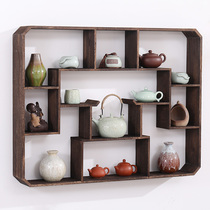 Chinese solid wood multi-treasure grid modern simple storage rack hanging wall tea set finishing rack Tea set rack storage rack Tea rack
