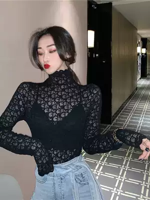 Spring and autumn new semi-turtleneck lace bottoming shirt women's long-sleeved inner exquisite small shirt Western style embroidered hollow top