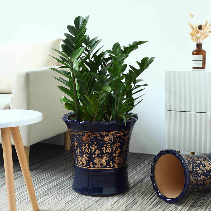 Large Ceramic Flower Pot with the Character "福" for Living Room, Suitable for Planting Trees and Green Plants, Tall Vase for Money Tree, Lucky Money Tree, Areca Palm, and Evergreen Plants
