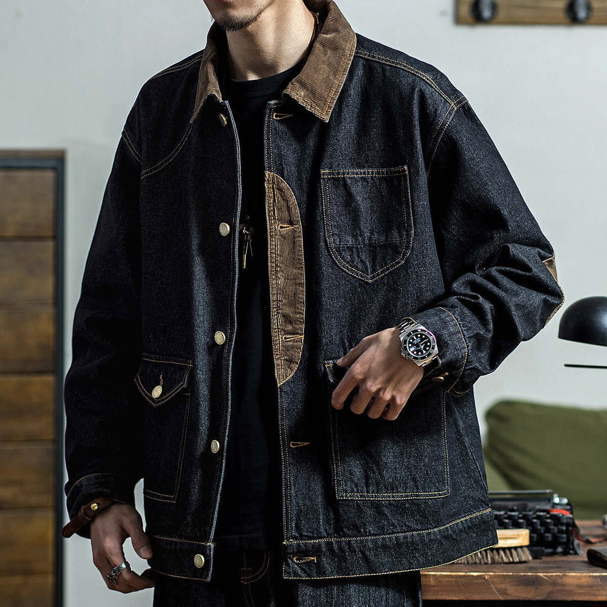 Guilder Overalls American retro Hard Long Hunting Jacket Light Core Suede Washing Denim Hard Han Jacket Male spring