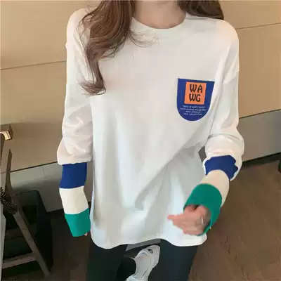 Korean version of polished hair inside white base shirt women long sleeve color matching stitching loose car label foreign Pie T-shirt plus velvet top
