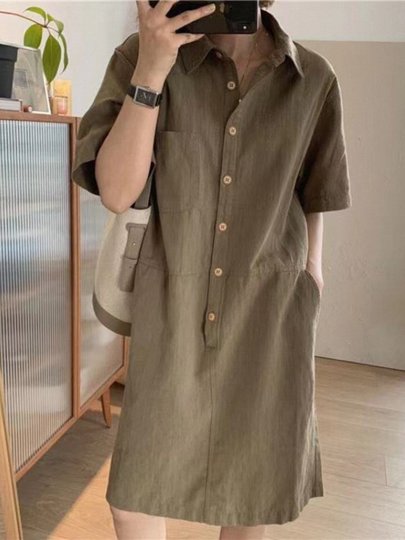 文艺衬衫裙女夏polo领短袖卫衣大版运动T恤裙子中长款棉麻连衣裙