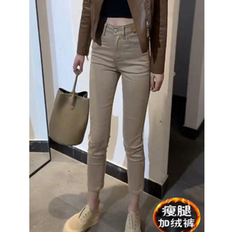 Khaki Workwear Jeans for Women, Autumn and Winter, Shenzhen European Style, High-Waisted, Slit, Cropped Cigarette Pants, Slim Fit, Plus Size