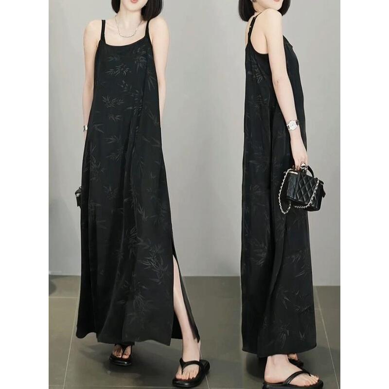 Black Bamboo Print Slip Dress for Women, Summer European Style, Drapey Plus Size Little Black Dress with Slit Black Bamboo Print Slip Dress for Women, Summer European Style, Drapey Plus Size Little Black Dress with Slit