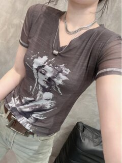 Gray mesh v-neck printed short-sleeved t-shirt for women in summer european large size elastic temperament waist slim fit versatile top