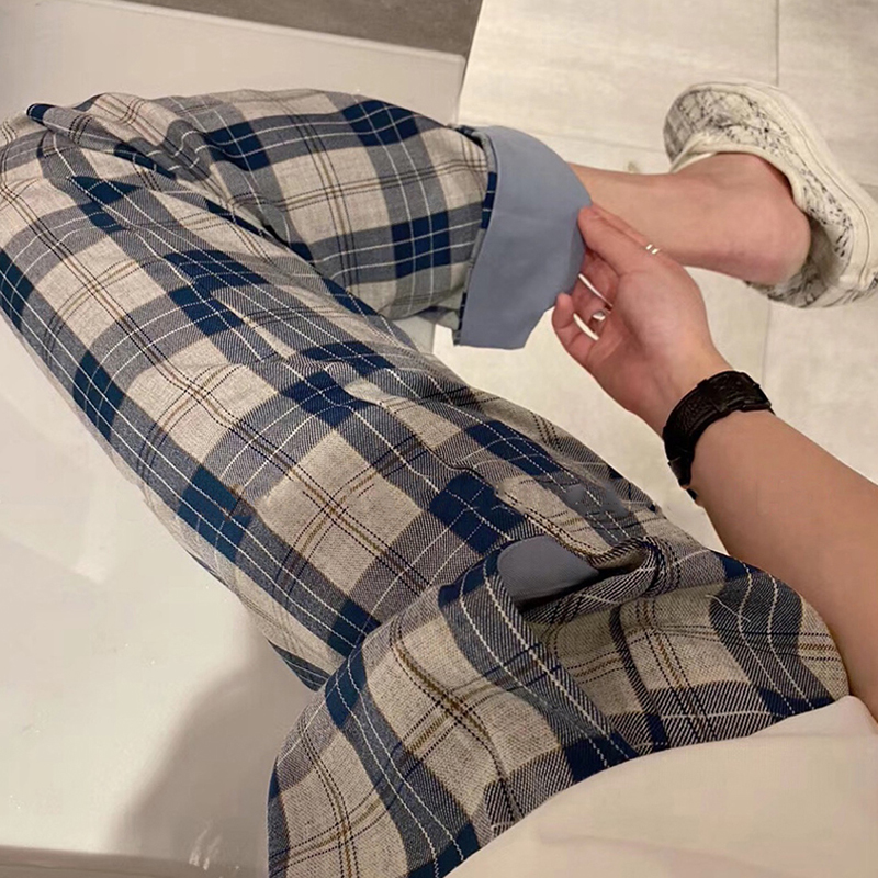 Korean spring and autumn retro blue plaid pants women's high waist casual pants loose and thin straight wide pants