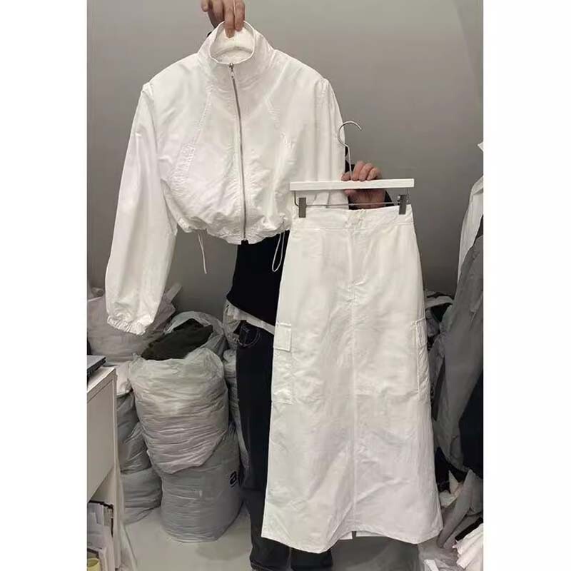 White Sun Protection Suit Skirt for Women, Spring and Autumn European Style, Stand Collar Short Drawstring Sports Jacket, High-Waisted Half Skirt Two-Piece Set