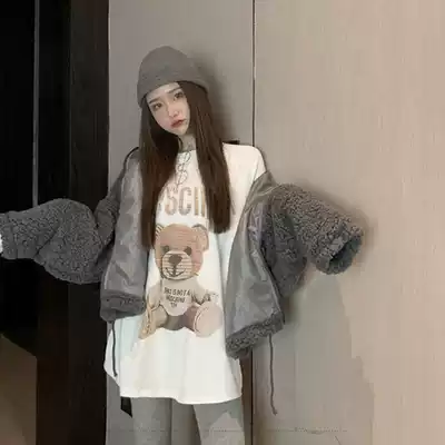 Korean version of INS star Net red plus velvet medium long version of Bear base shirt women long sleeve T-shirt loose inside white print