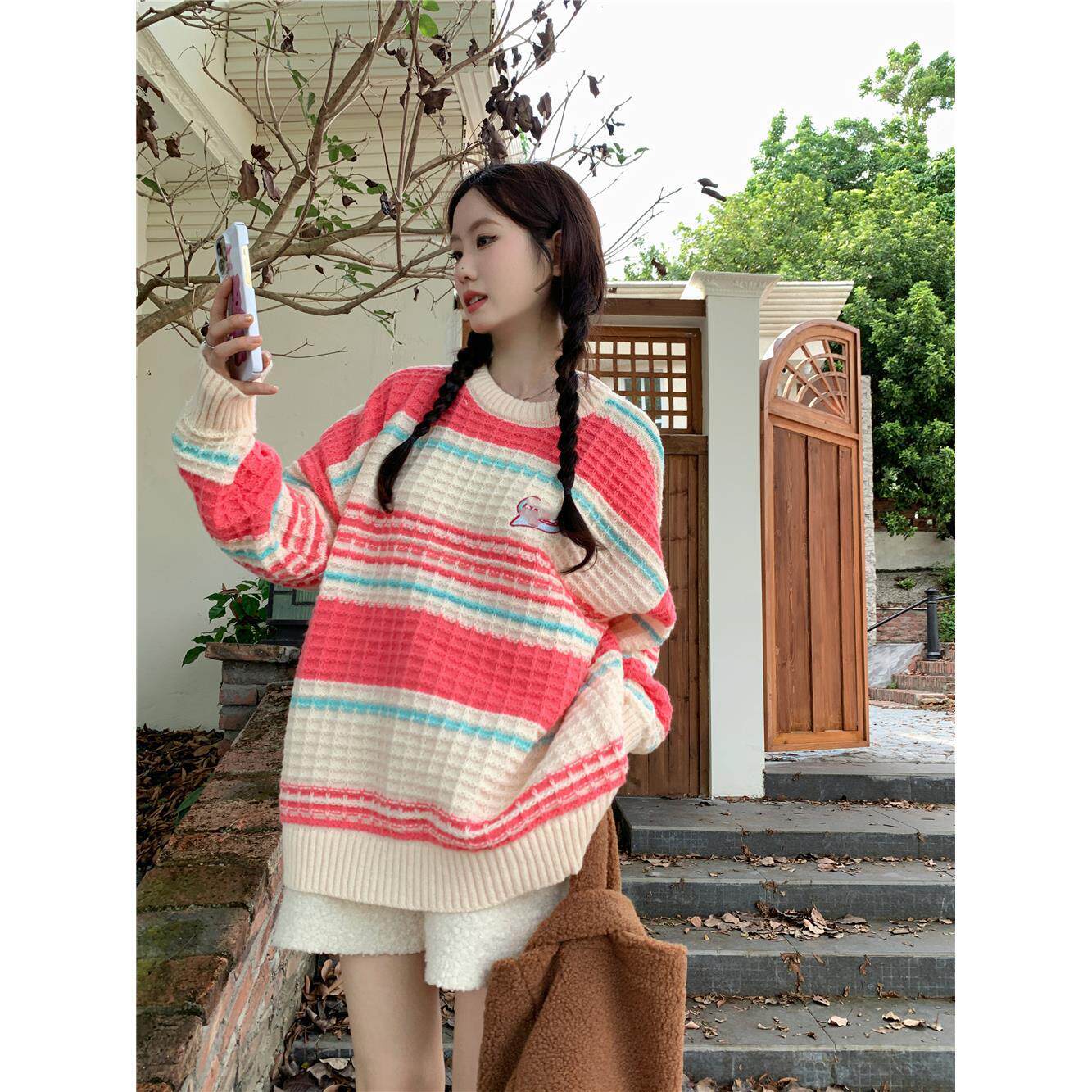 Day-series retro-striped round neckline jacket head sweater women's autumn winter medium long version loose with lazy wind casual 100 lap knitwear-Taobao