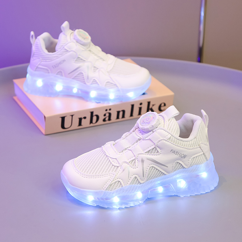 Official Genuine Co-Branded 2026 Spring/Summer Boys' White Campus Rechargeable Mesh Performance Luminous Sneakers for Boys and Girls