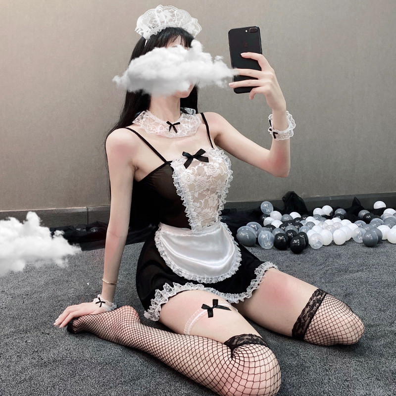 2021 new sexy pajamas women's spring and autumn uniform temptation cute little fresh maid outfit plus size suspender nightdress