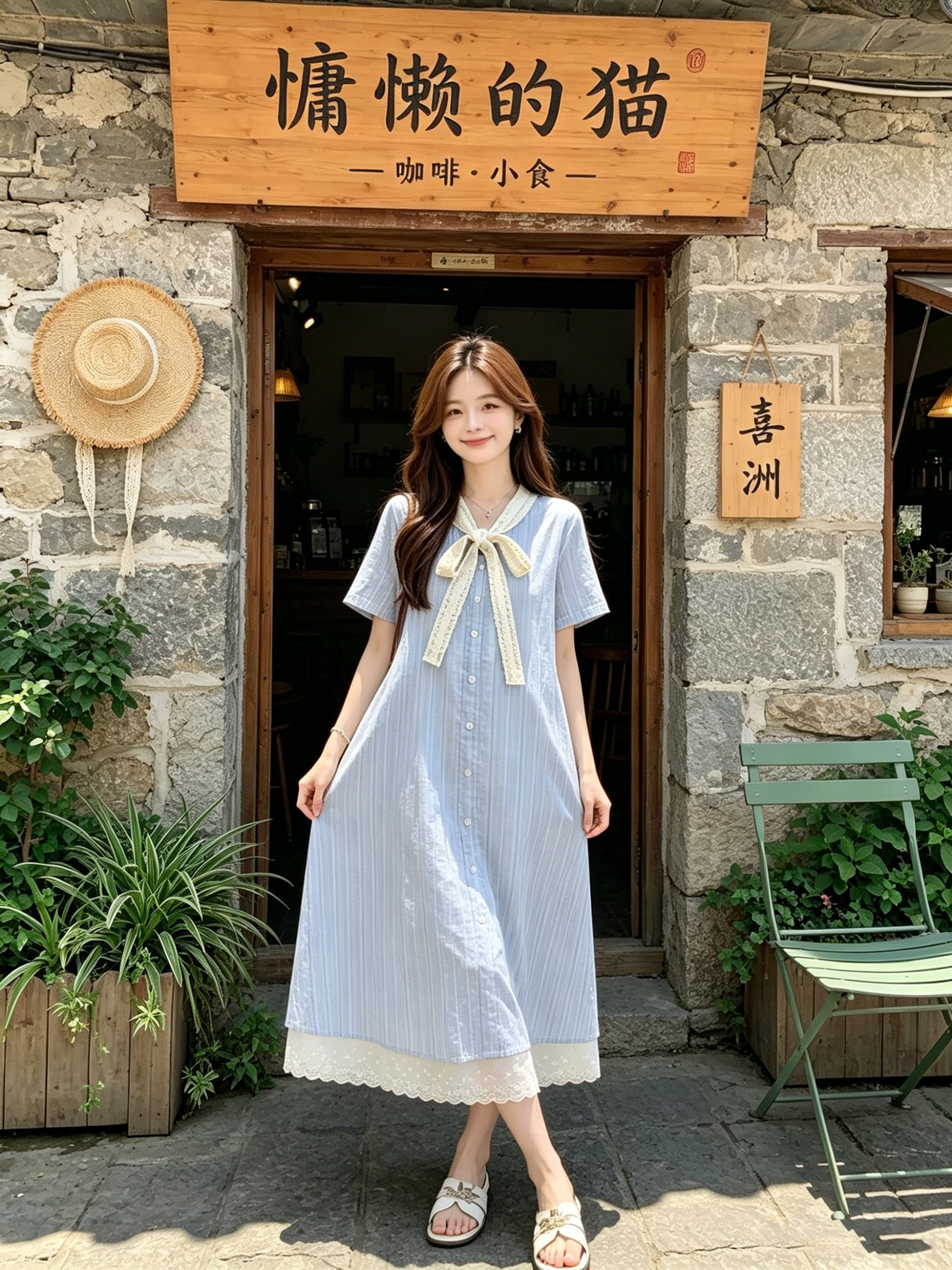 孕妇连衣裙夏季薄款2026新款蓝色甜美蕾丝拼接短袖A字裙中长款女 — 8