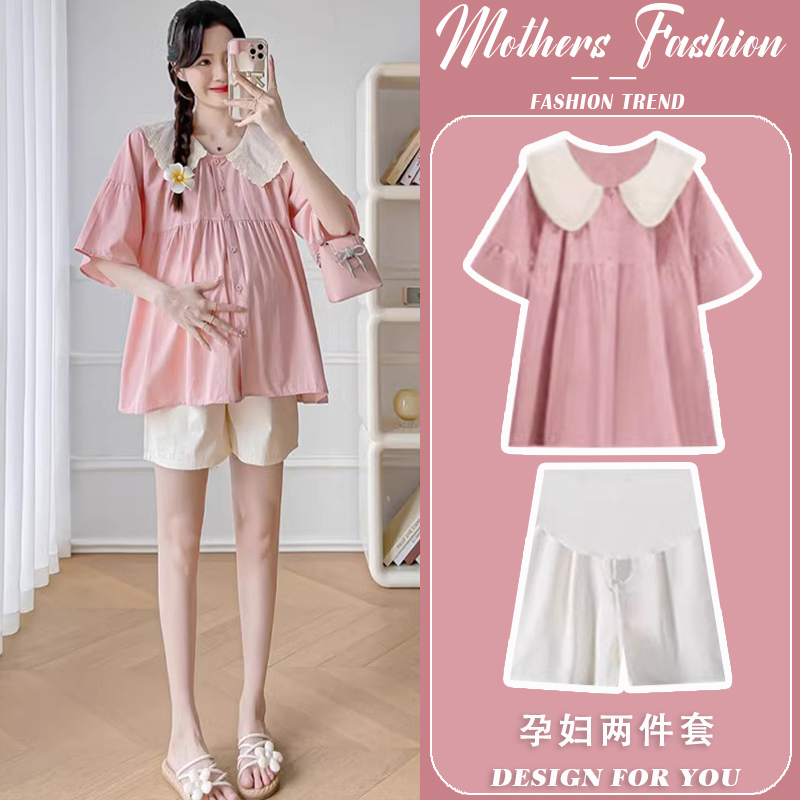 Maternity Suit Summer 2026 New Style Loose Slimming Sweet Thin Short-Sleeved Babydoll Top and Shorts Two-Piece Set