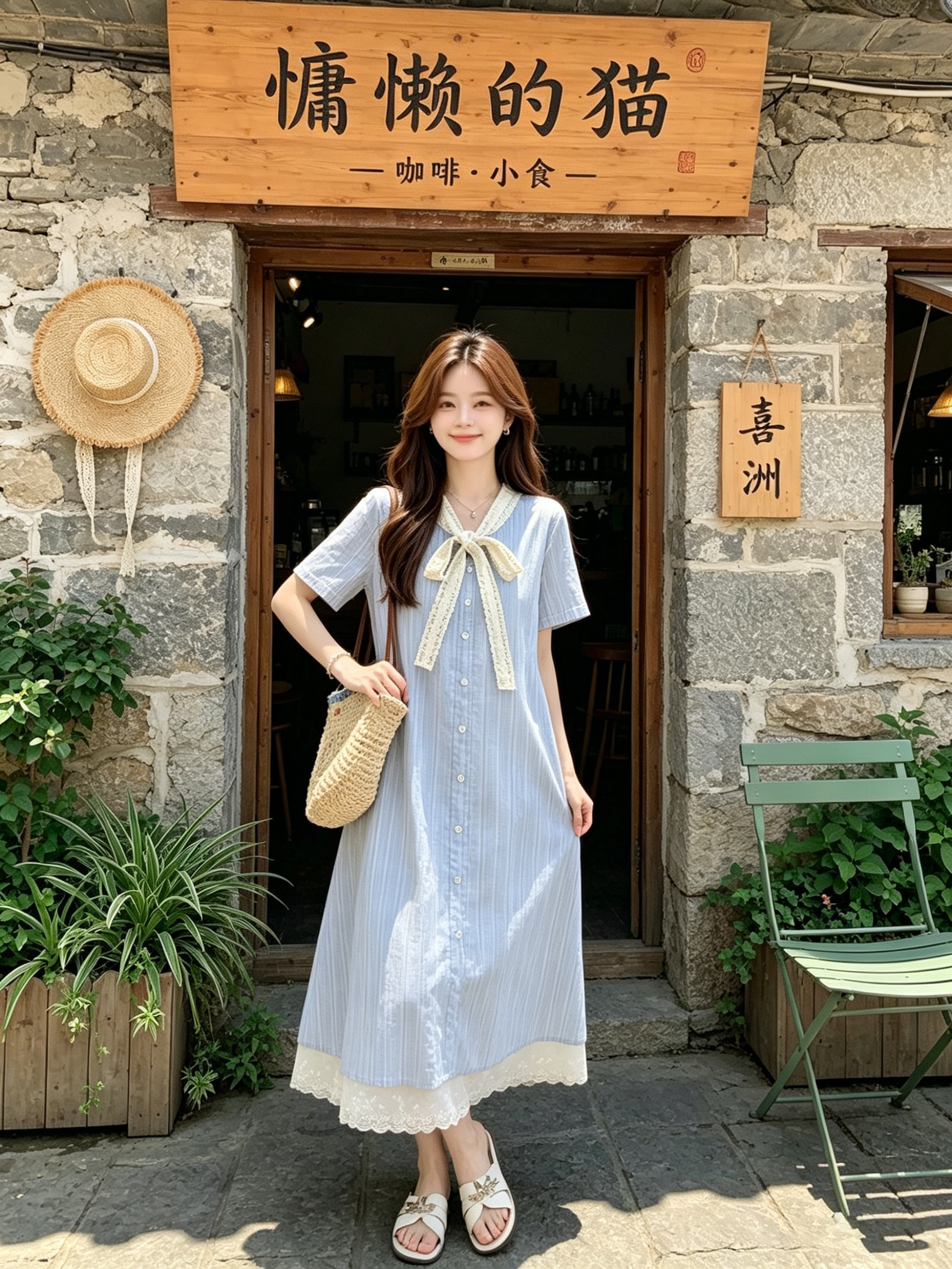 孕妇连衣裙夏季薄款2026新款蓝色甜美蕾丝拼接短袖A字裙中长款女 — 7