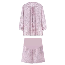 Maternity suit summer 2024 new style tie-neck purple pink new Chinese style thin short-sleeved top shorts two-piece set