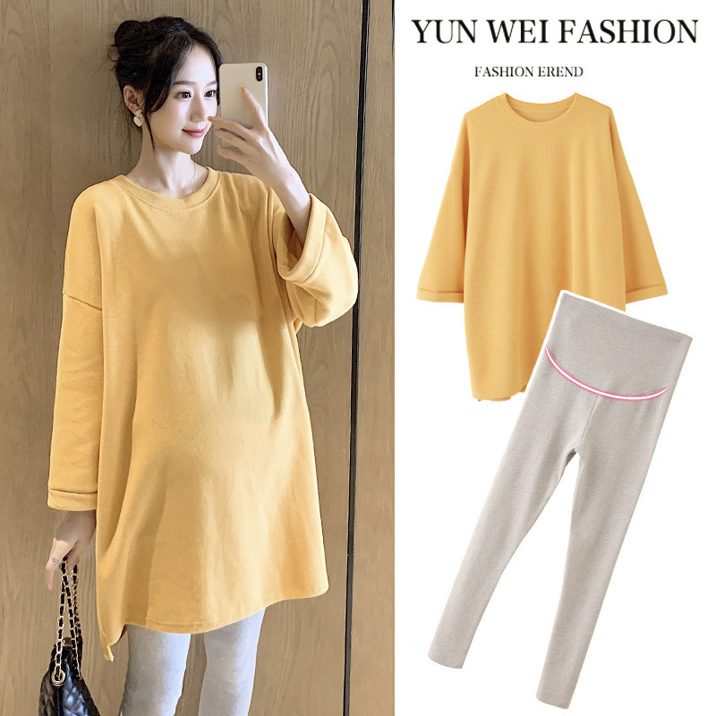 Pregnant women autumn suit fashion section belly cover does not show the mind of the top thin yellow thick cotton T spring and autumn trendy mother two-piece set