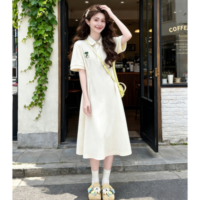 Maternity Dress Summer 2026 New Style Apricot Color Thin Short-Sleeved Polo Collar Loose Belly-Covering A-Line Skirt Mid-Length — 1