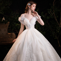 Starry sky one-shoulder French light main wedding dress 2021 new temperament bride small high-end court trailing luxury summer