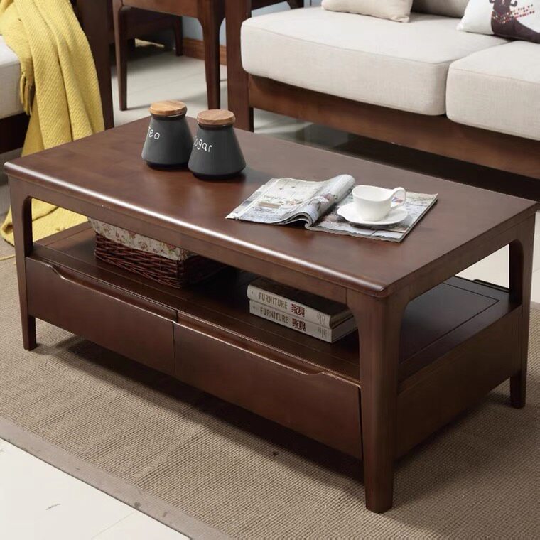 Nordic tea table solid wood Living room Home Small family Type minimalist modern rectangular walnuts Ribbon Drawers Wooden Tea Table
