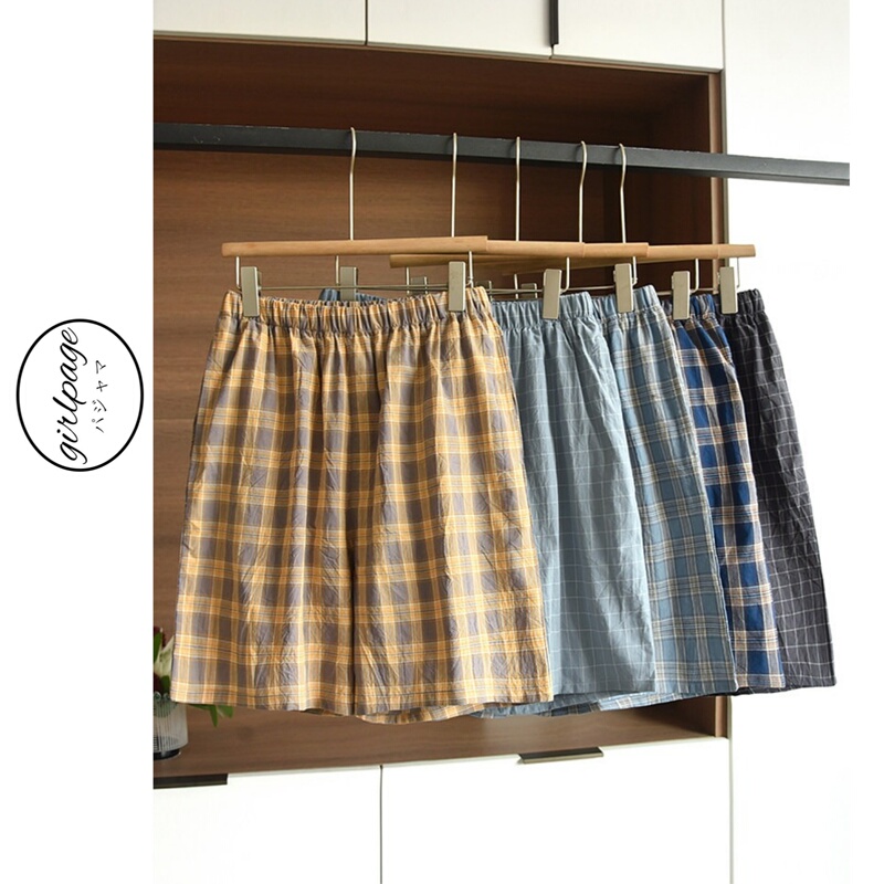 Japanese-Style Gp Summer Men's Pure Cotton Elastic Waist Shorts, Plaid Thin Casual Sleepwear with Pockets, Suitable for Wearing Outside as Home Pants