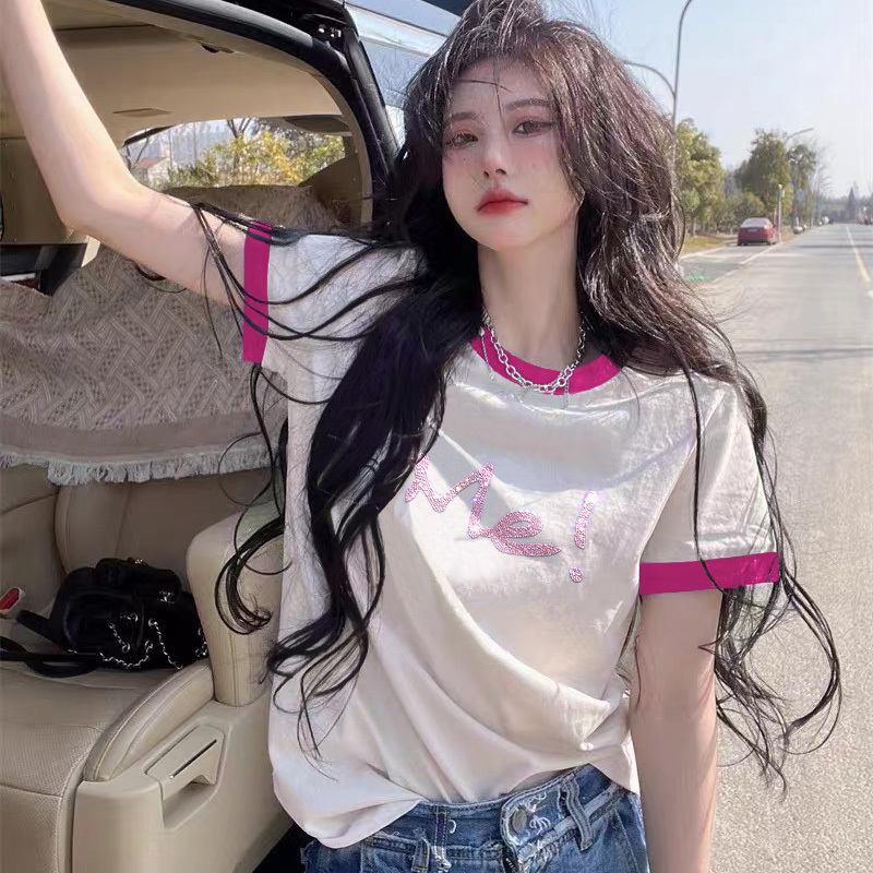 European Style New Color-Blocked Hong Kong Style White T-Shirt for Women, Loose Fit, Slimming, Rhinestone Pink Lettering, Trendy Brand Inner Wear Short Sleeve European Style New Color-Blocked Hong Kong Style White T-Shirt for Women, Loose Fit, Slimming, Rhinestone Pink Lettering, Trendy Brand Inner Wear Short Sleeve