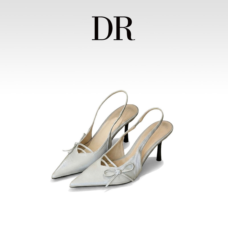 Dr High Heels Xuyu Liuyangliu Same Style Pointed Toe Stiletto Open Back High Heels for Women 2026 Summer Gray Bow