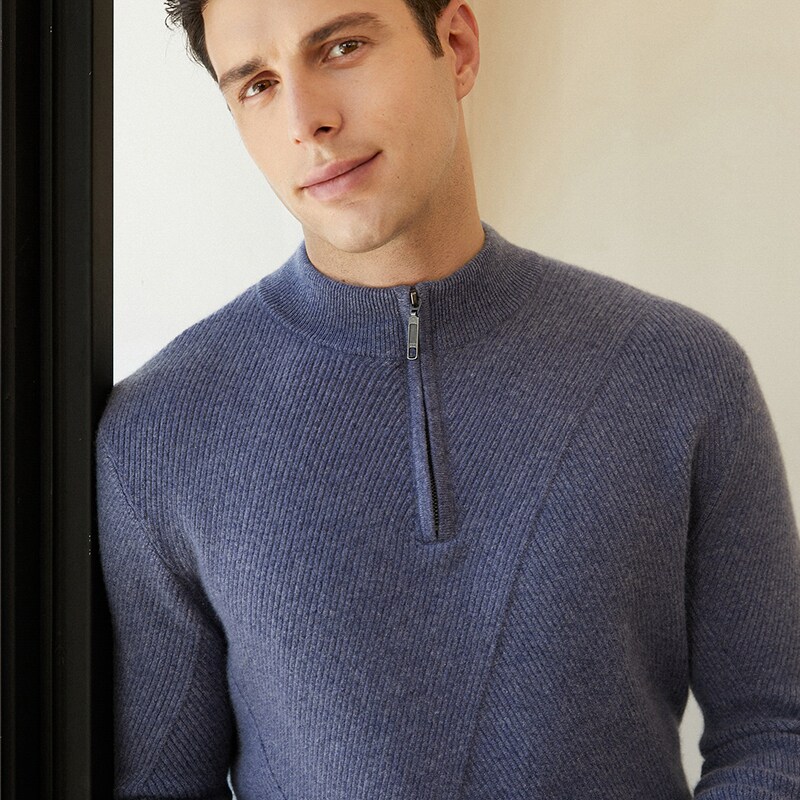 Men's 100 Pure Cashmere Sweater Winter Half High Collar Zipper Pullover Bottom Plus Fleece Thickened Loose Casual Sweater