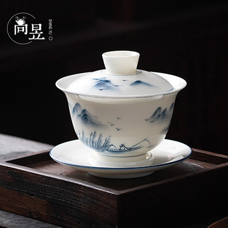 Hand painted goat fat jade white porcelain can hover three-only cover bowl Tea Cup Single Lake Light Mountain Color Bubble Tea Bowl ceramic Gongfu Tea-Taobao